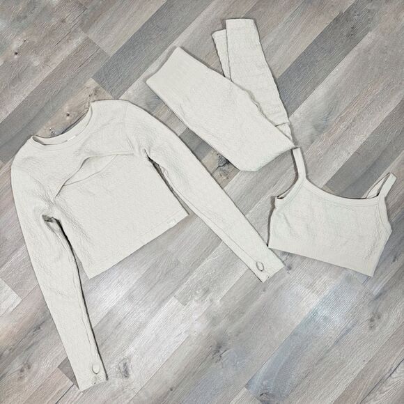 JoyLab Textured Seamless Three Piece Top Bra Leggings Set Beige Tan Small XS - Picture 14 of 14